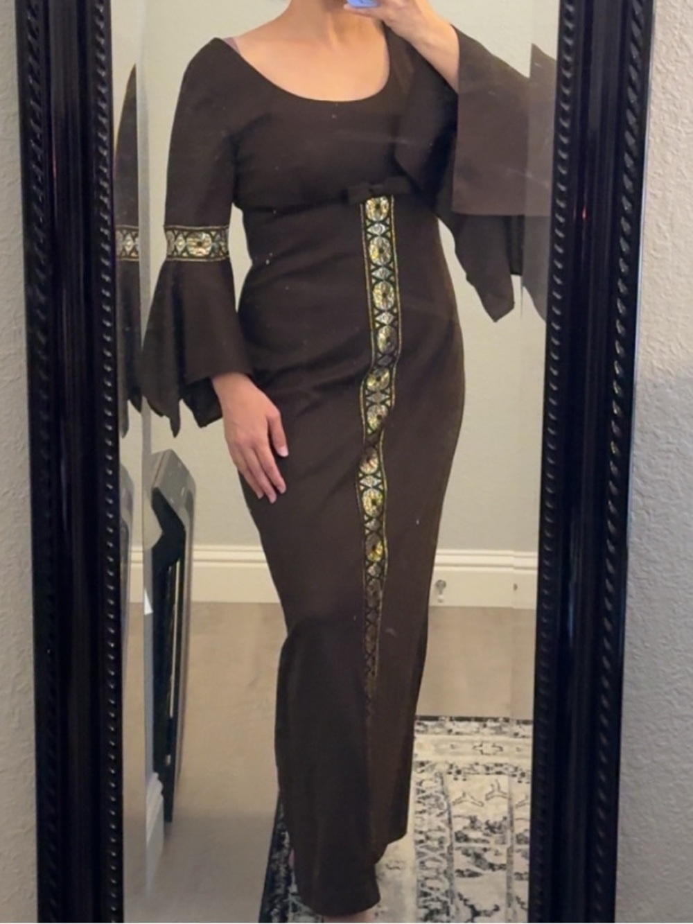 Plus Size Vintage 1970s Women's Brown Maxi Dress with Embroidered Trim